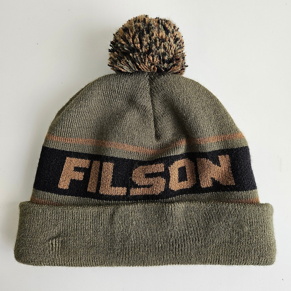 Filson Beanie Men One Size Army Green Pom Pom Logo Knit Hat USA Made